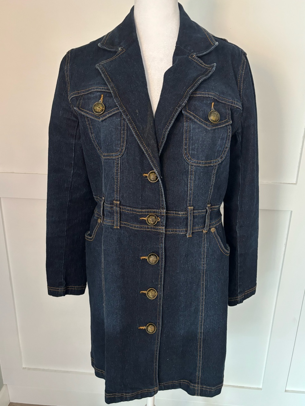DG2 by Diane Gilman Dark Blue Denim Trench Coat with Gold Buttons size small